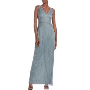 Adrianna Papell beaded v neck back slit green blue Art Deco column gown dress